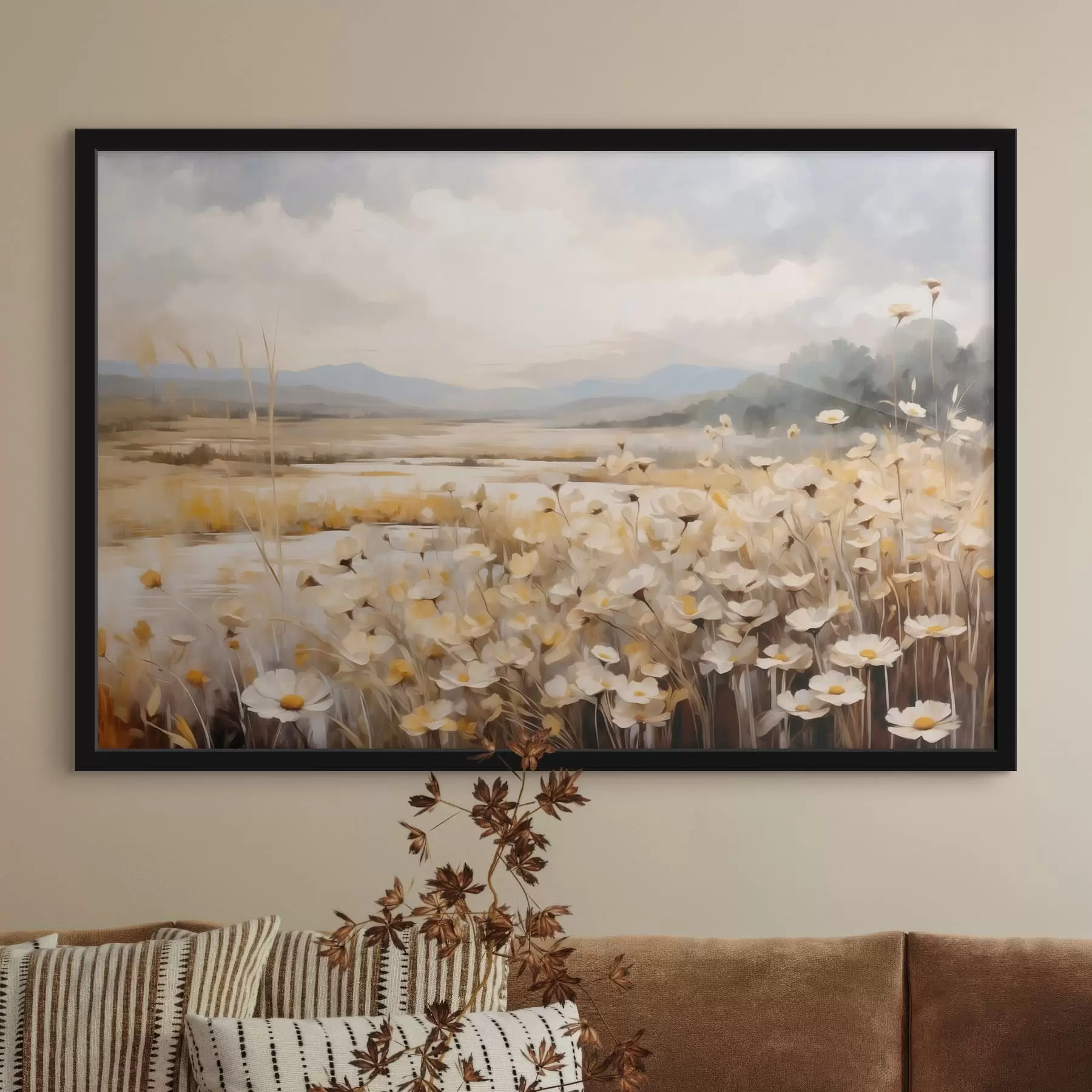 Fototapetai Lauko gėlės prie vandens, nutapytos švelniu tapybiniu stiliumi f48354