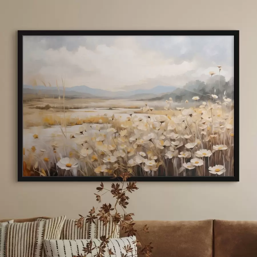 Fototapetai Lauko gėlės prie vandens, nutapytos švelniu tapybiniu stiliumi f48354