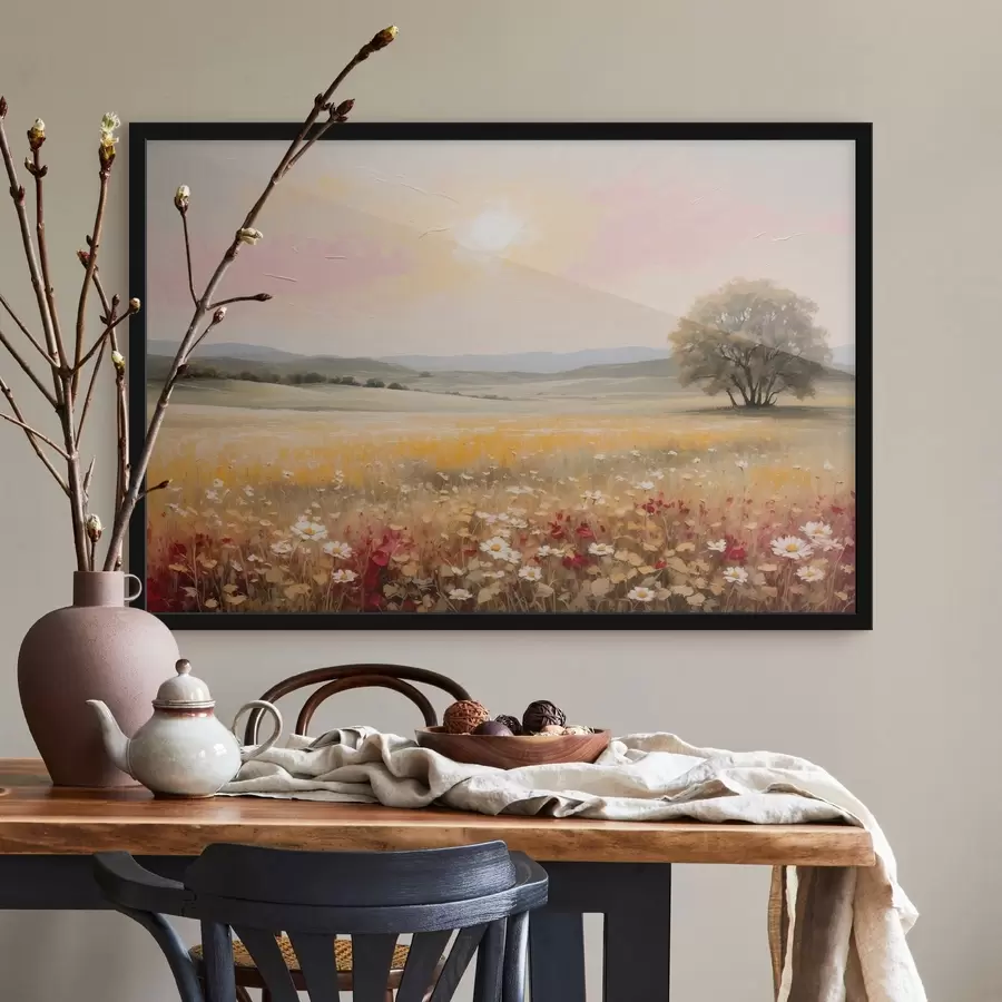 Fototapetai Peizažas su gėlių lauku ir medžiu horizonte f48355