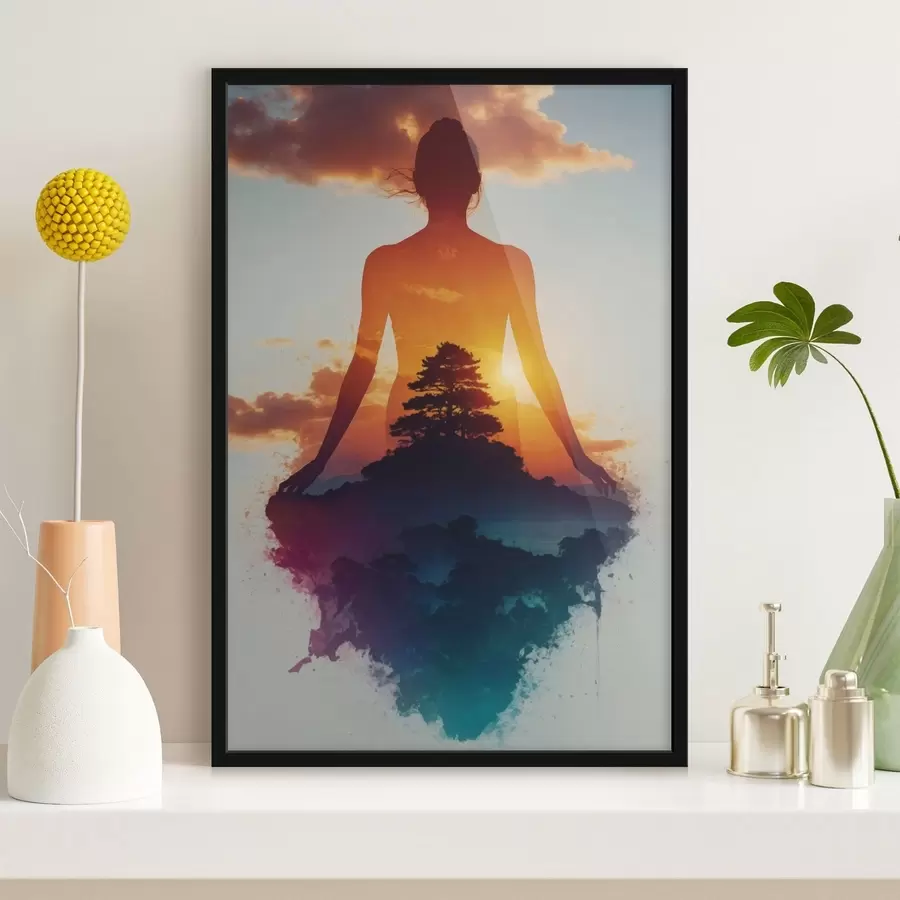 Fototapetai Žmogaus siluetas su saulėlydžio peizažu fone f48364