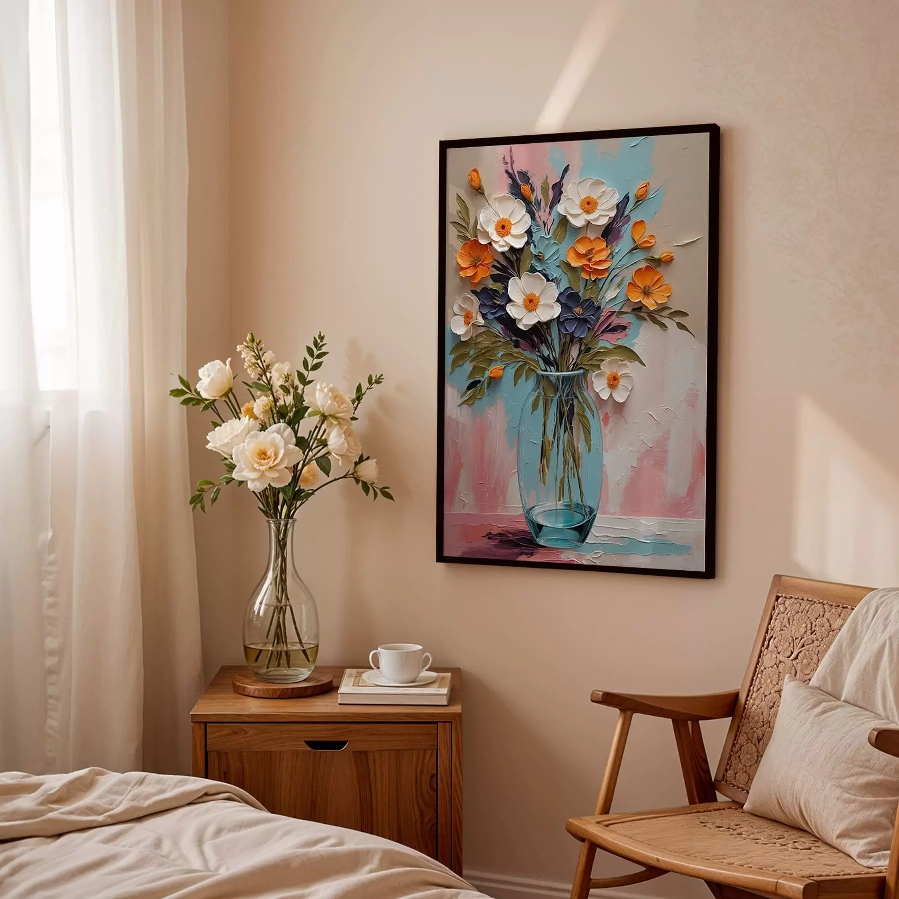 Fototapetai Gėlių puokštė stiklinėje vazoje ant spalvingo fono f48488