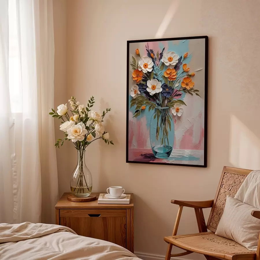 Fototapetai Gėlių puokštė stiklinėje vazoje ant spalvingo fono f48488