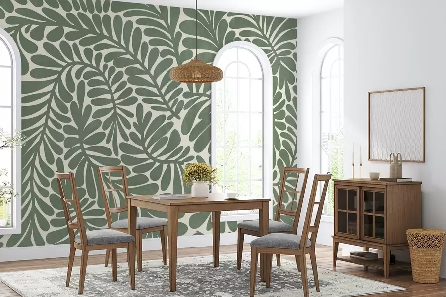 Fototapetai Stilizuoti žali lapai šviesaus fono fone, tekstūrinis meno kūrinys w09775v2