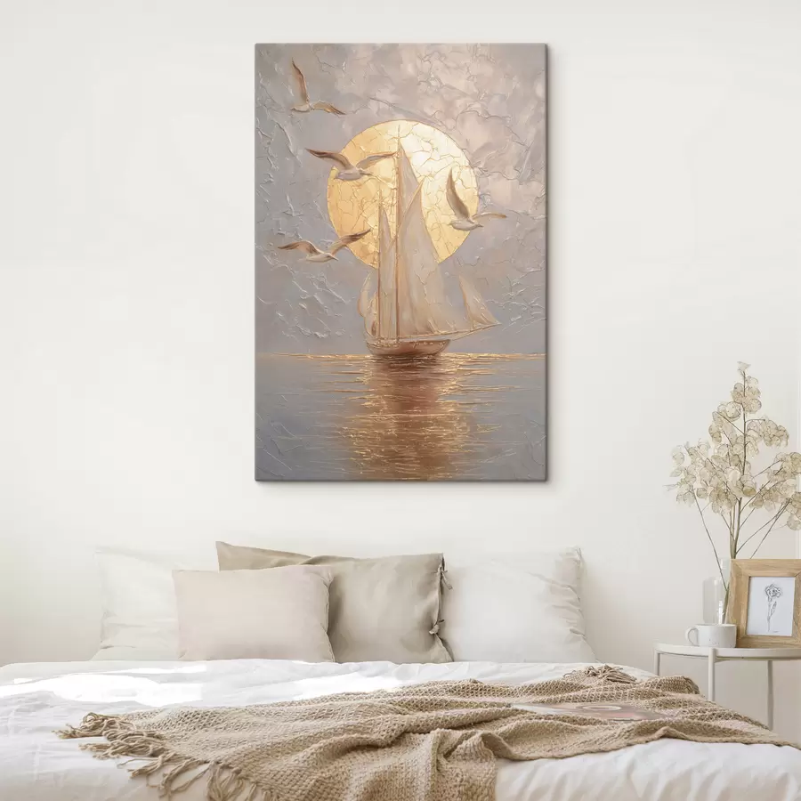 Paveikslėlis laivas saulėlydžio metu, nutapytas impasto technika s48556