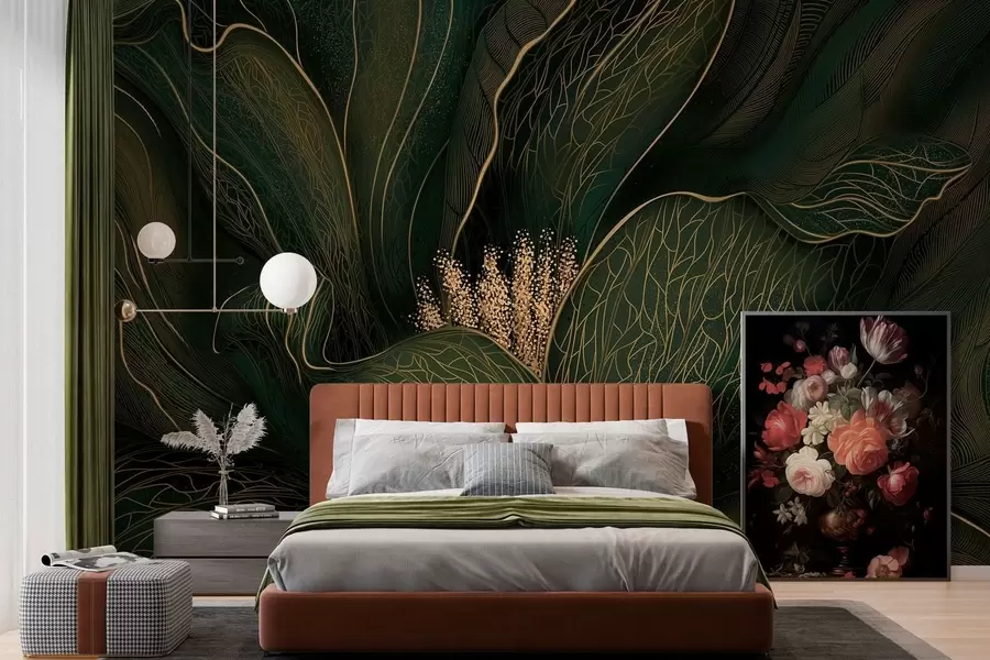 Fototapetai Tamsiai žalia abstrakti gėlė su smulkiomis linijinėmis detalėmis w05119v1