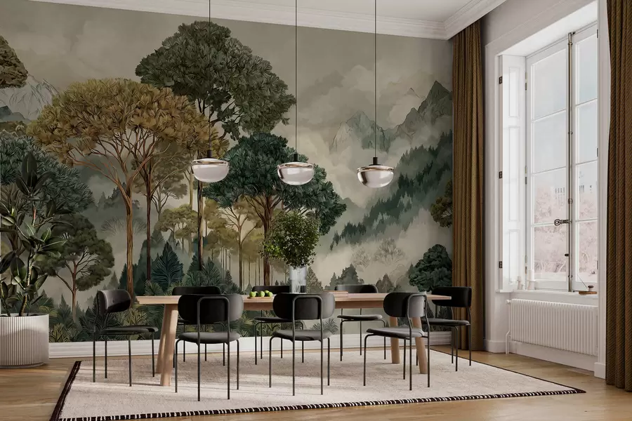 Fototapetai Miškas su aukštais medžiais rūko apgaubtuose kalnuose w05410