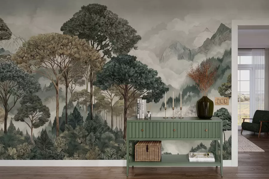 Fototapetai Kalnų peizažas su mišku švelnių atspalvių w05410v1