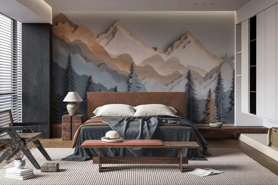 Fototapetai Gamtinis peizažas su pušimis ir kalnais, išdrožtas iš medžio w09793