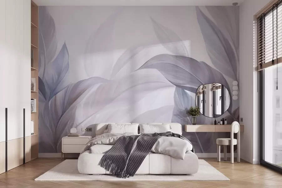 Fototapetai Didelės, šviesiai mėlynos ir violetinės spalvos tropinių augalų lapai, pasižymintys švelniomis, pastelinėmis spalvomis ir tekstūringa kompozicija w09816v1