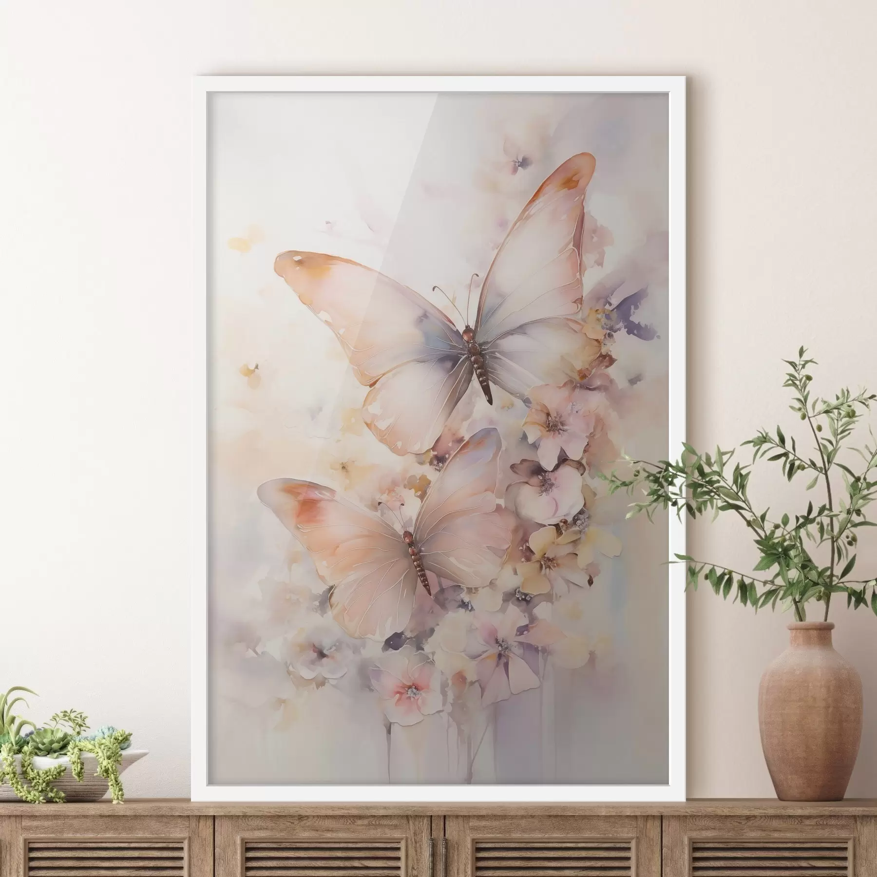 Fototapetai Subtilūs gėlės su drugeliais, pastelinės spalvos f48563