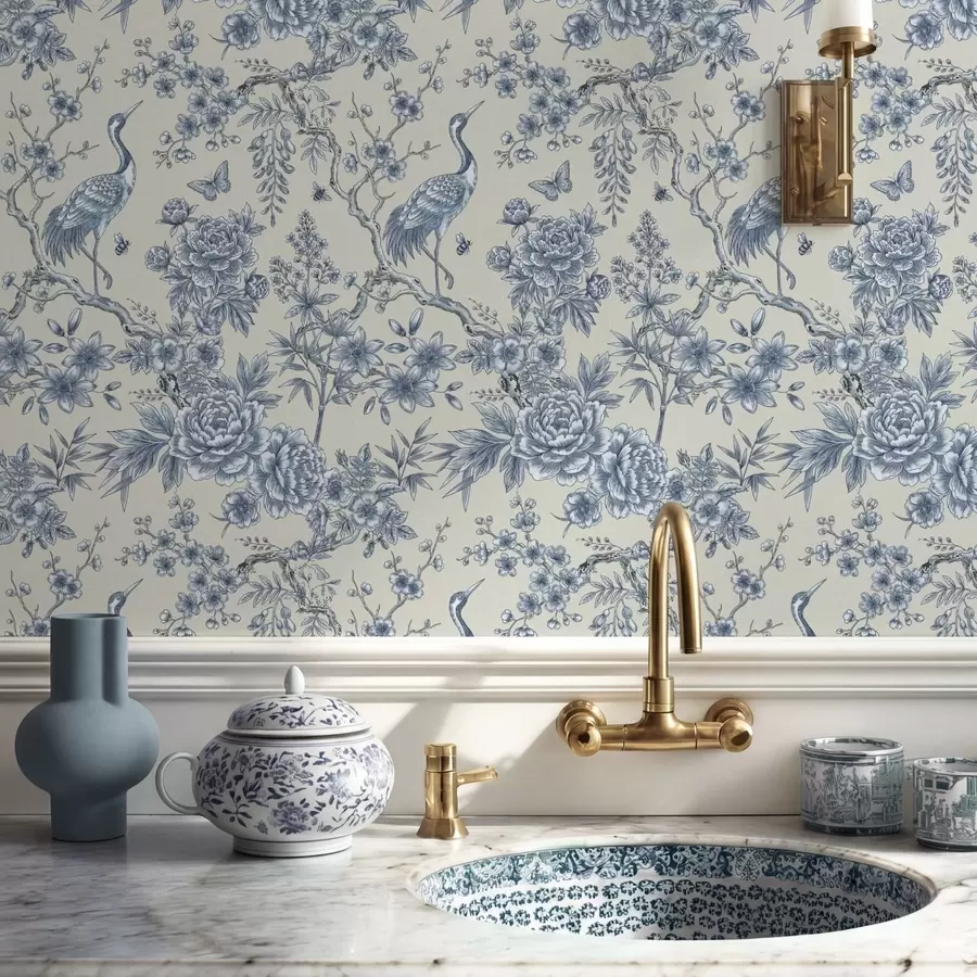 Fototapetai Mėlynas gėlių ornamentas su paukščiu ir šakomis a01132