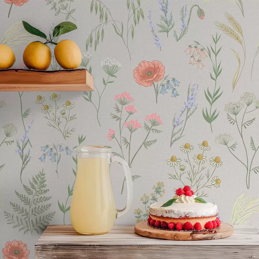 Fototapetai Subtilus laukinių gėlių raštas ant šviesaus fono a01152