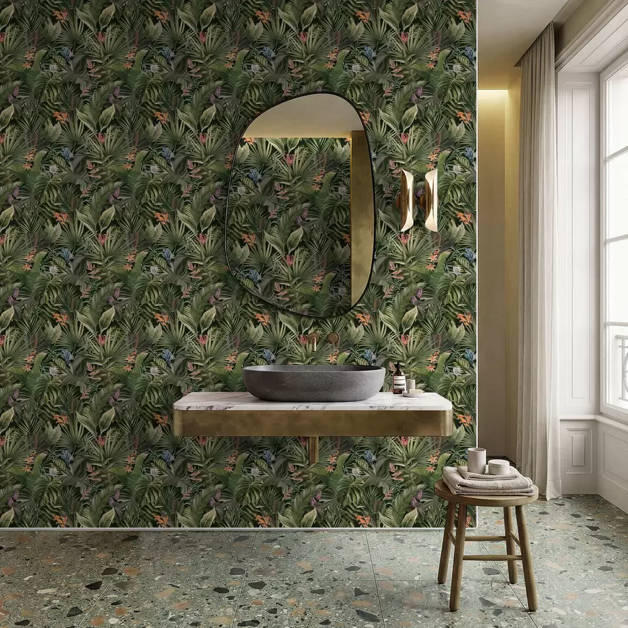 Fototapetai Tropiniai lapai su gėlėmis ant tamsaus fono a01153