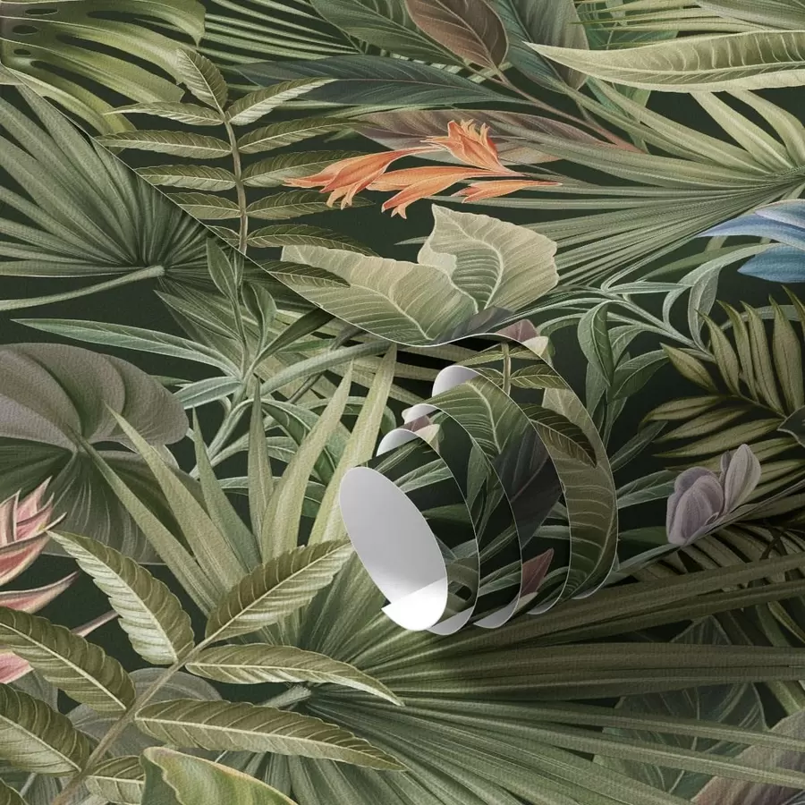 Fototapetai Tropiniai lapai su gėlėmis ant tamsaus fono a01153