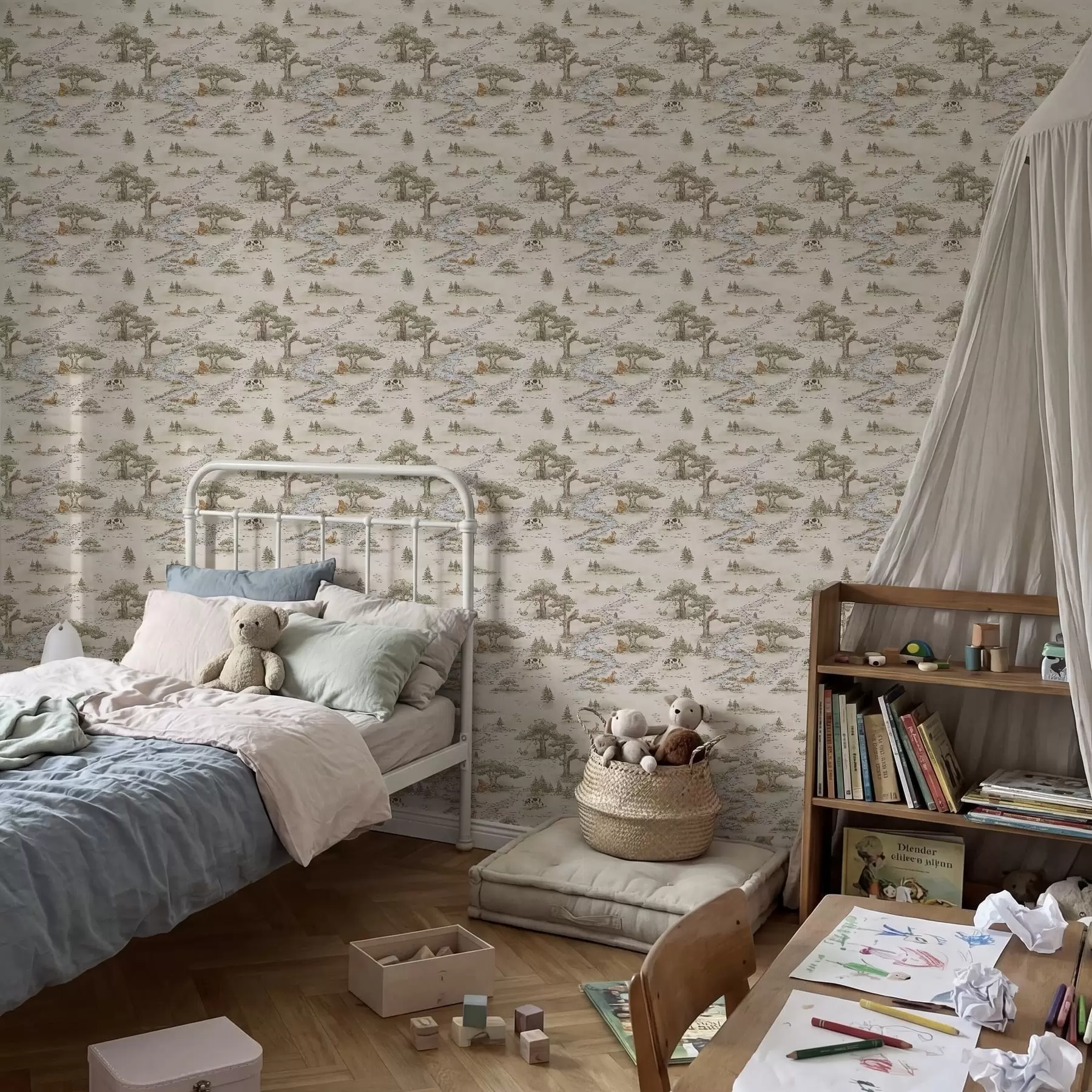 Fototapetai Gamtos iliustracija su gyvūnais ir upe a01157