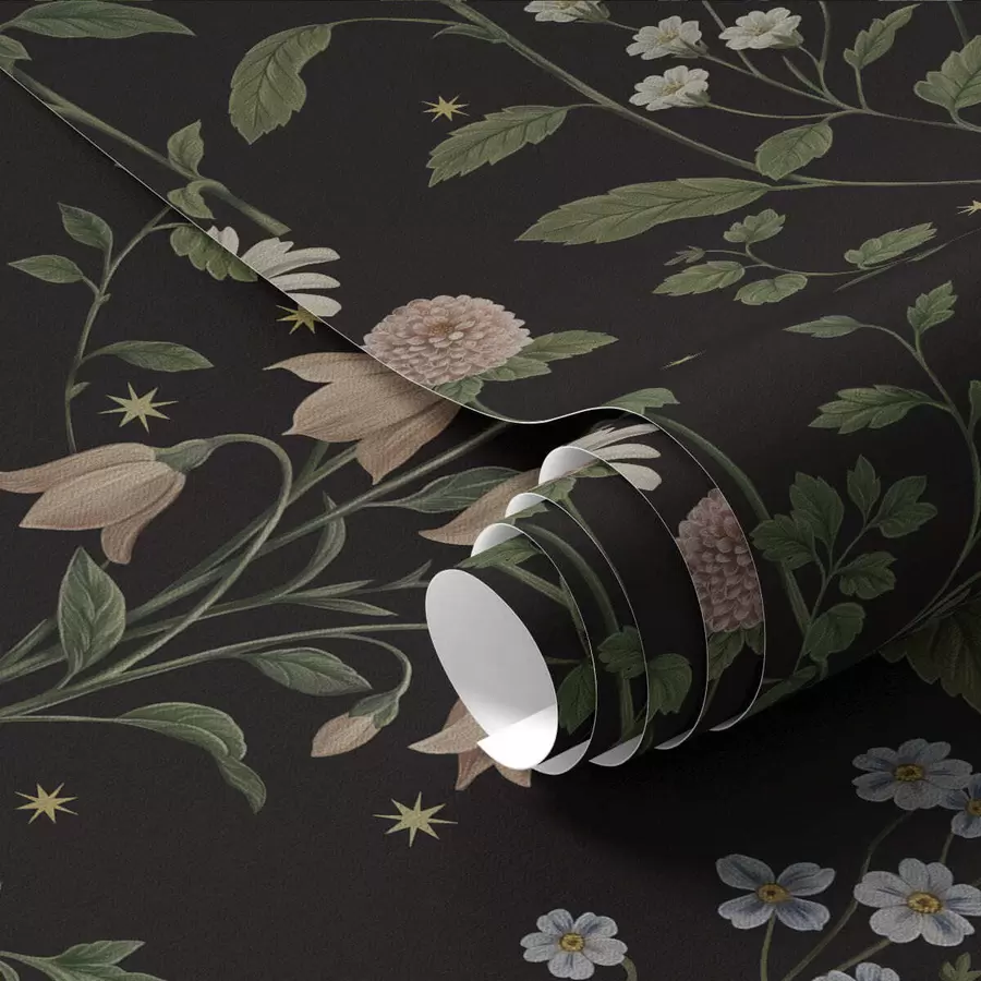 Fototapetai Gėlių raštas ant juodo fono su žvaigždėmis a01160