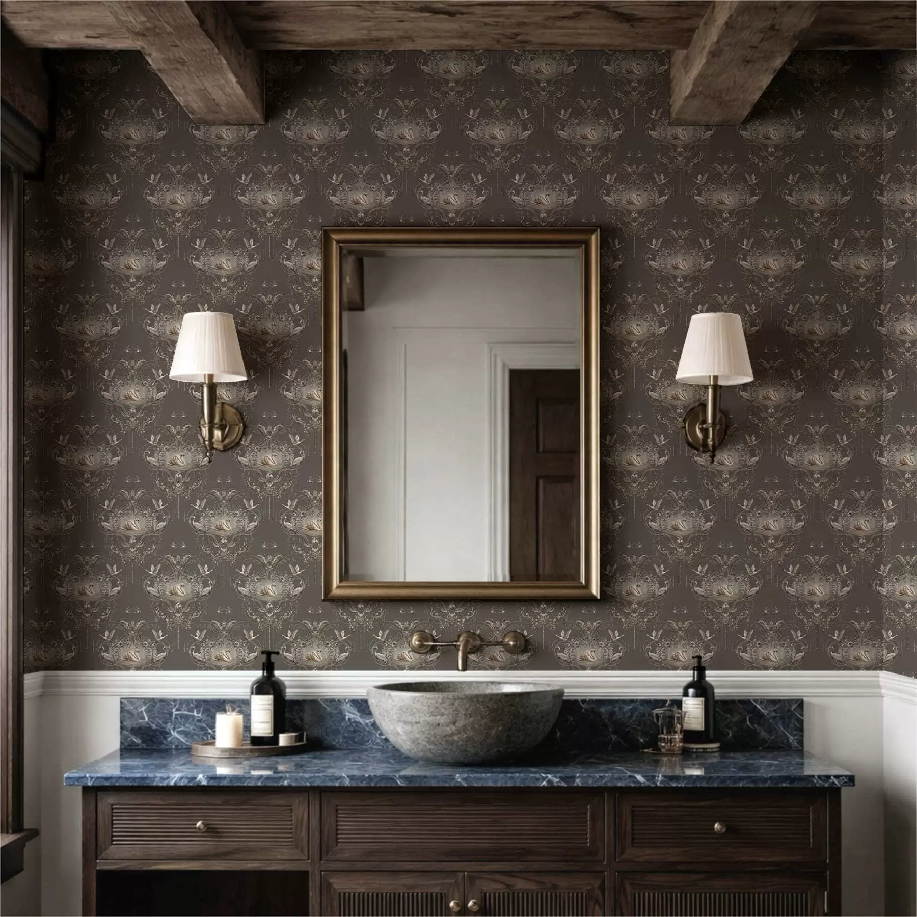 Fototapetai Klasikinio stiliaus papuošalas su gulbėmis ir paukščiais a01161