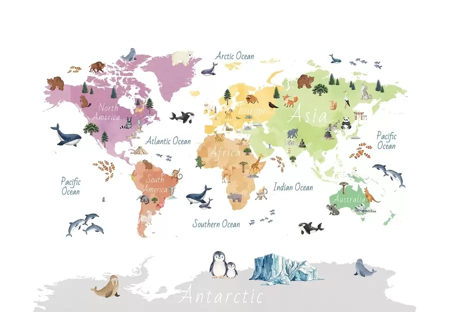 Fototapetai Akvarelės stiliaus spalvotas žemėlapis, kuriame pavaizduoti gyvūnai, augalai ir architektūros objektai. Antraštės anglų kalba c00009en