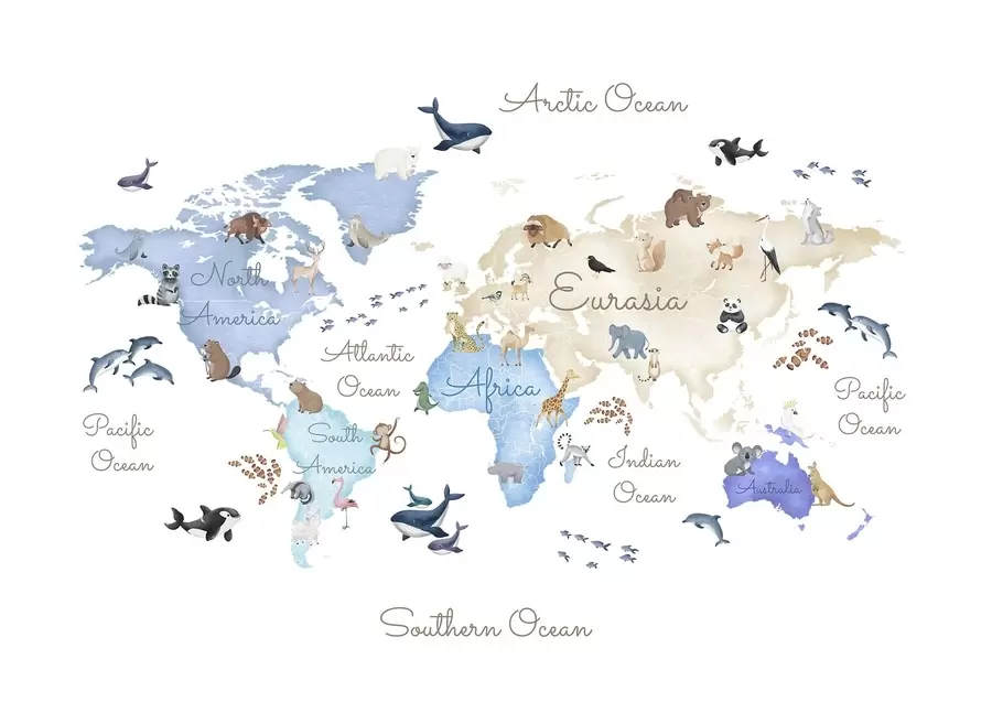 Fototapetai Akvarelinio stiliaus mėlynas žemėlapis su gyvūnais. Užrašai anglų kalba c00012env1