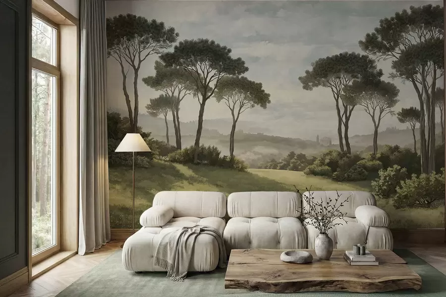 Fototapetai Peizažas su medžiais, pieva ir tolumoje tvyrančia migla w05122v1