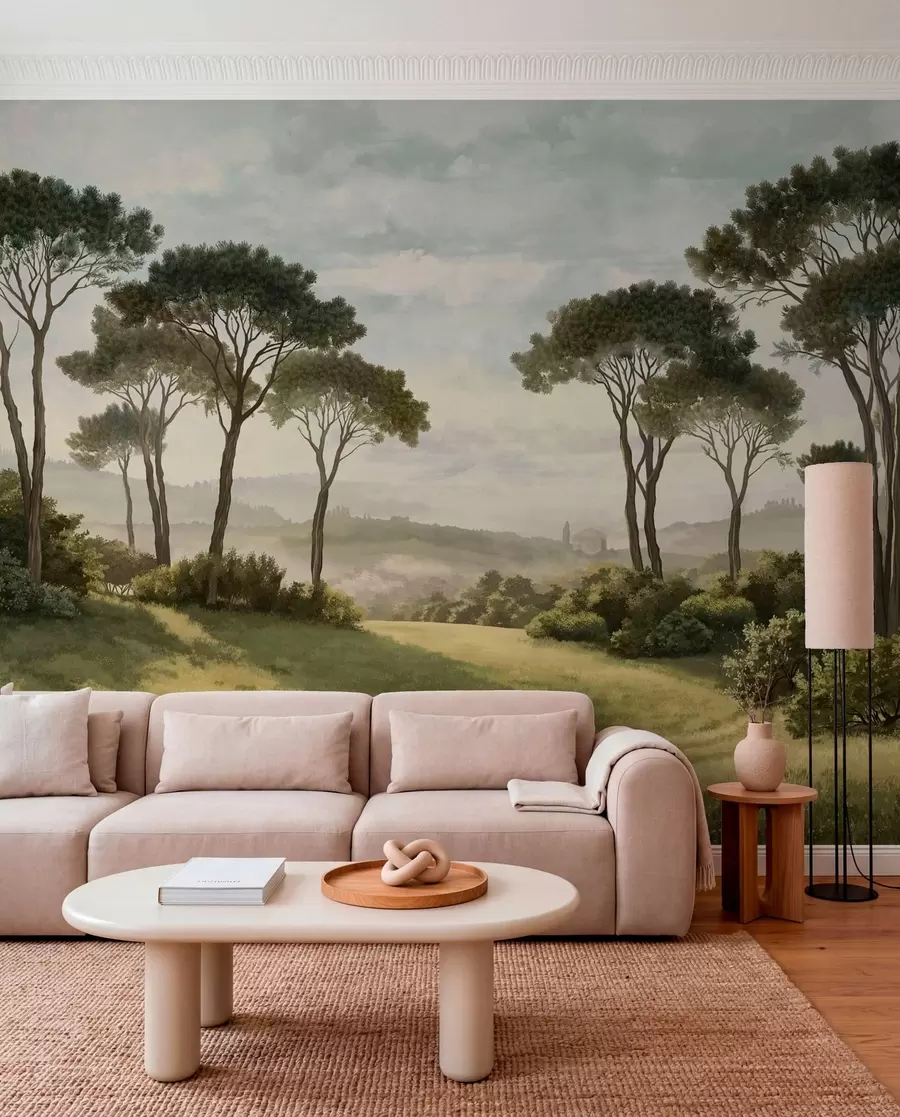Fototapetai Peizažas su medžiais, pieva ir tolumoje tvyrančia migla w05122v1