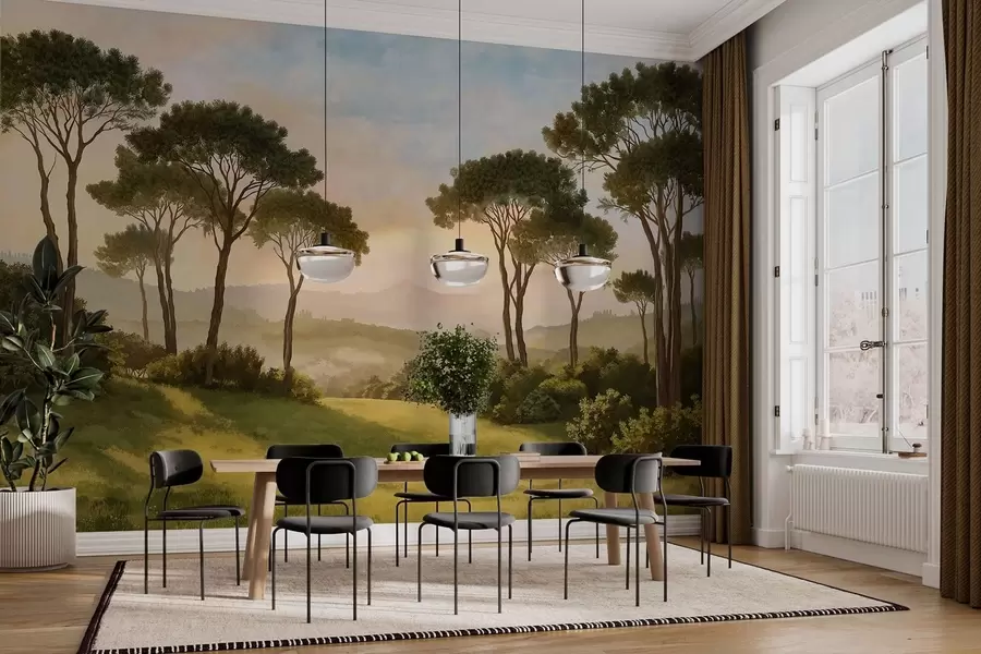 Fototapetai Peizažas su medžiais šiltame saulėlydžio šviesoje w05122