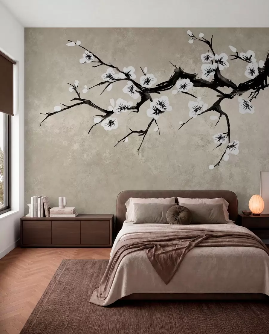 Fototapetai Šaka su baltomis gėlėmis minimalistiniame stiliuje w05425