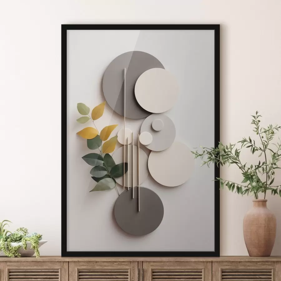 Fototapetai Geometriniai apskritimai su žaliu, lapais apaugusiu šakeliu f48598