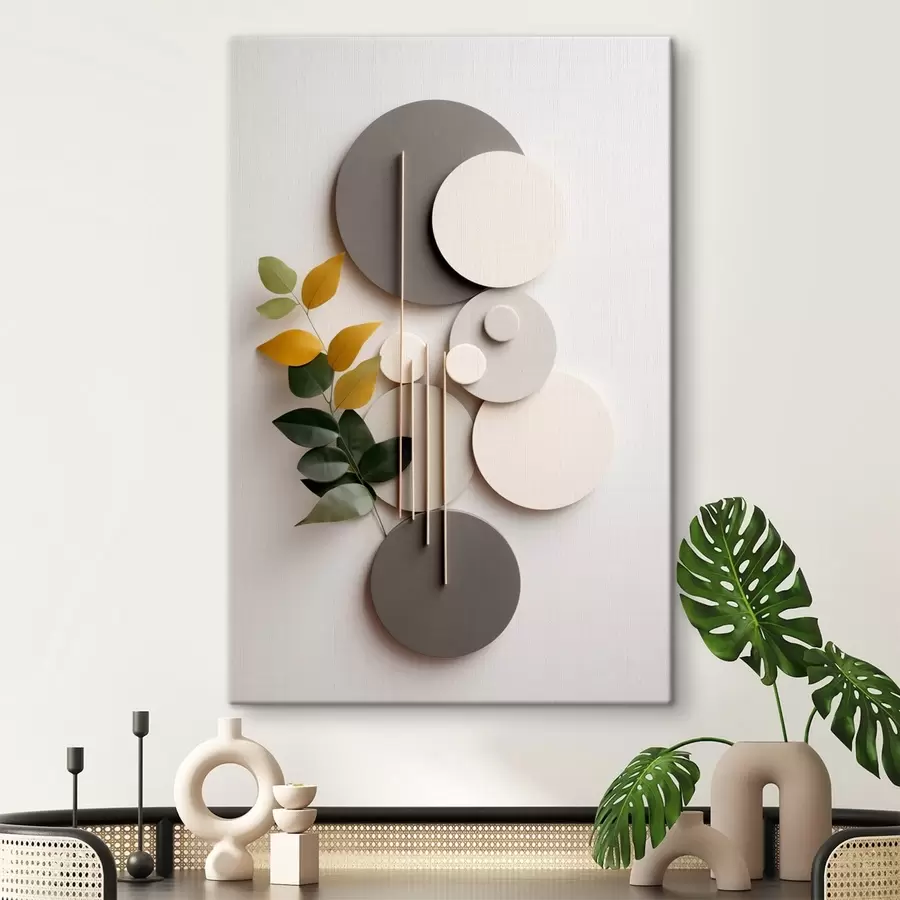 Paveikslėlis Geometriniai apskritimai su žaliu, lapais apaugusiu šakeliu s48598