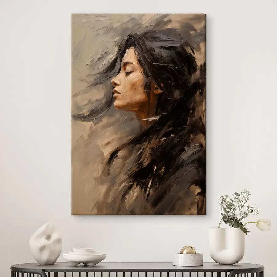 Paveikslėlis Moteries profilis, nutapytas tapybiškais potėpiais, šiltų atspalvių s48621