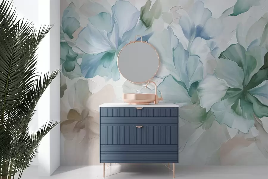 Fototapetai Abstrakčios fantazijos gėlės žalios, mėlynos ir smėlio spalvų atspalviais, tapybos stiliaus, tekstūrinis menas w09767v1