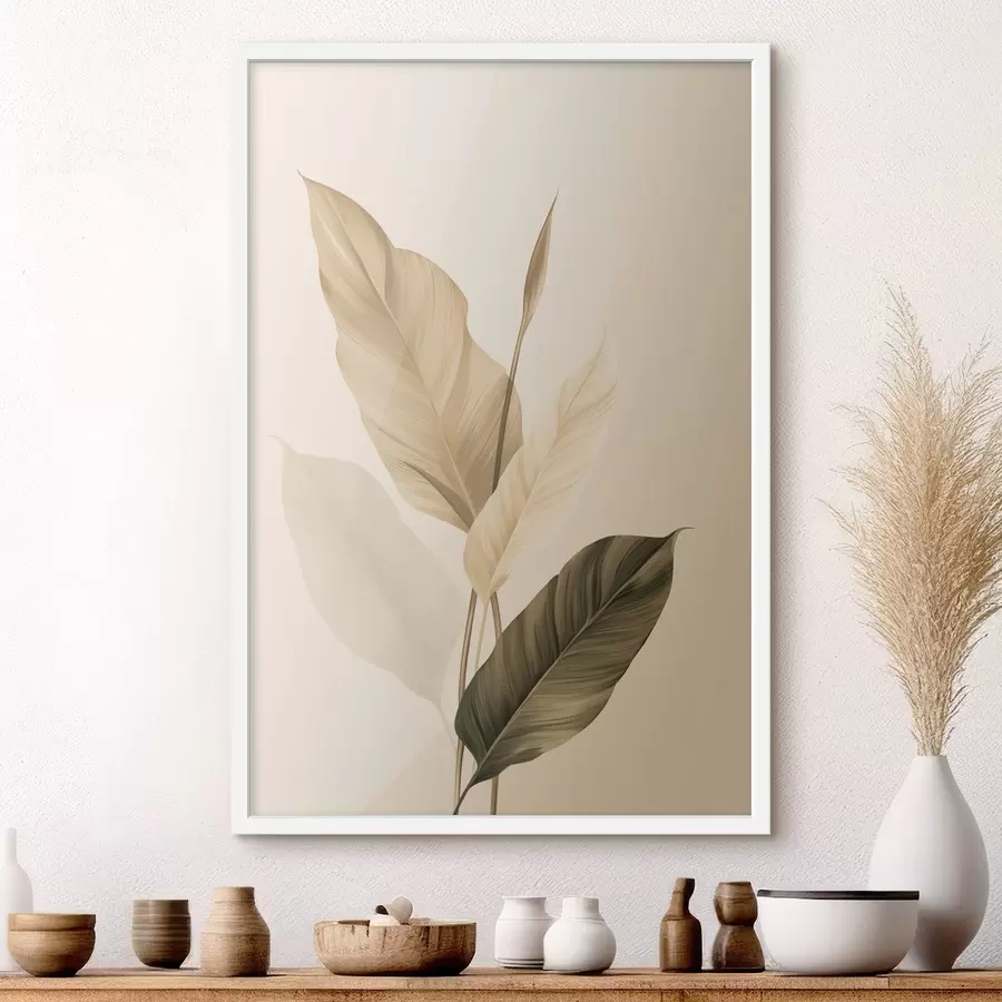 Fototapetai Dideliai tropiniai lapai smėlio ir rudos spalvų atspalviais, šviesus fonas f48725