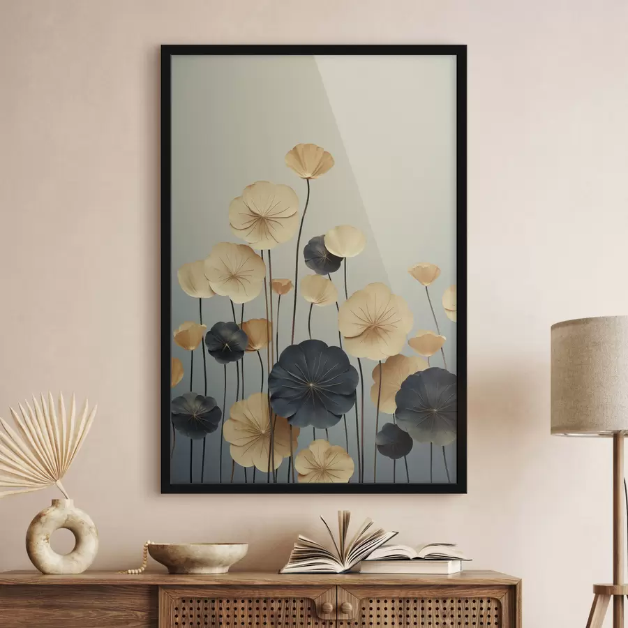 Fototapetai Vandens lelijų lapai prieš švelnų smėlio ir tamsiai mėlynos spalvų foną f48734