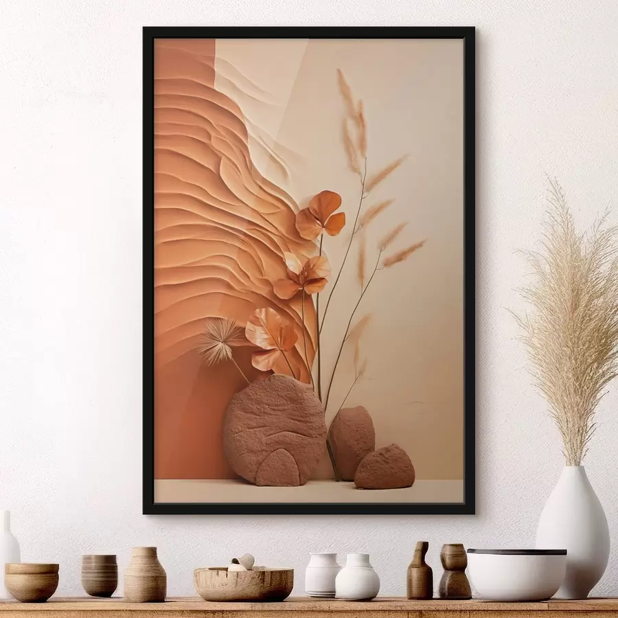 Fototapetai Minimalistinis meno kūrinys su džiovintomis gėlėmis ir pampų žole, tekstūruotu fonu f48739