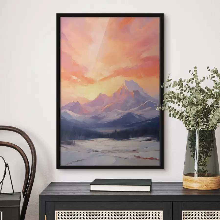 Fototapetai Sniegu padengtos kalvos po ryškiai oranžiniu ir rausvu dangumi su debesimis f48741