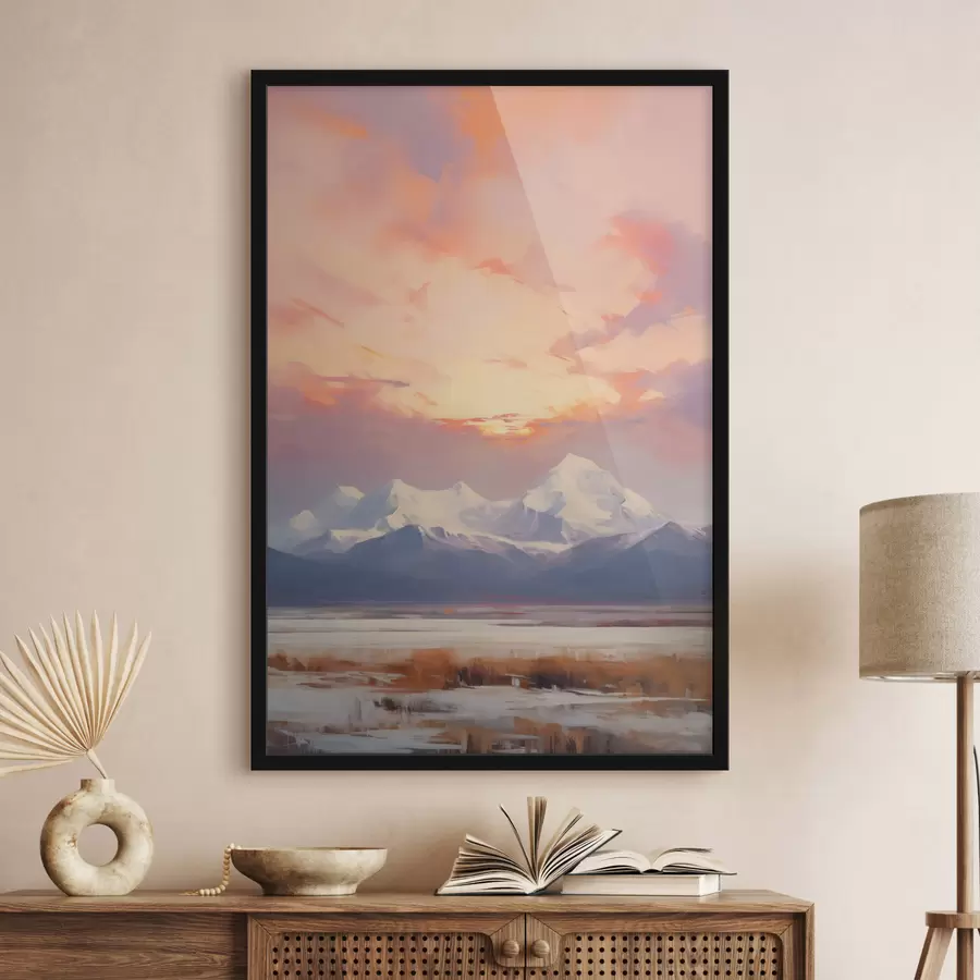 Fototapetai Sniegu padengtos kalvos po ryškiai oranžiniu ir rausvu dangumi su debesimis f48742