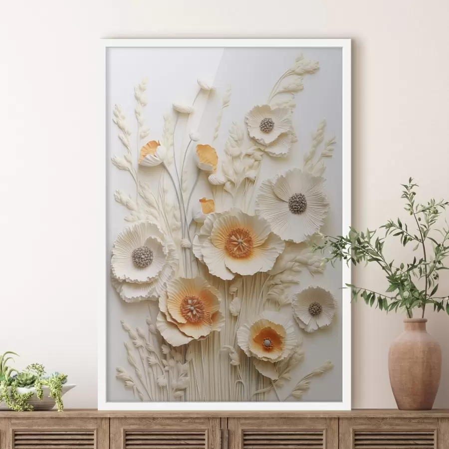 Fototapetai Kreminių ir oranžinių aguonų puokštė su džiovintomis kviečių stiebais f48747