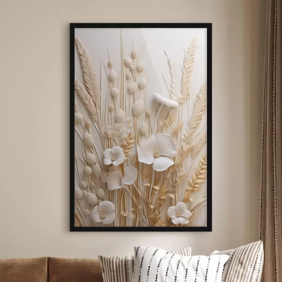 Fototapetai Kreminių aguonų puokštė su džiovintomis kviečių stiebais f48748