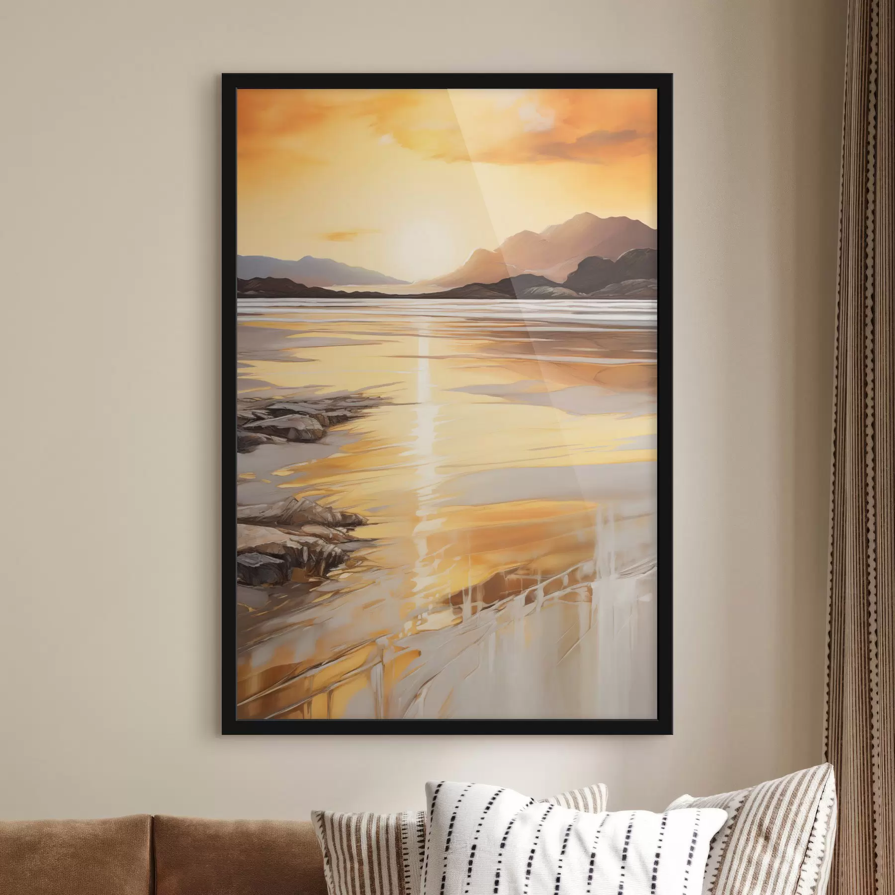 Fototapetai Peizažas su upe ir kalnais po šiltu oranžiniu dangumi, saulėlydis f48756