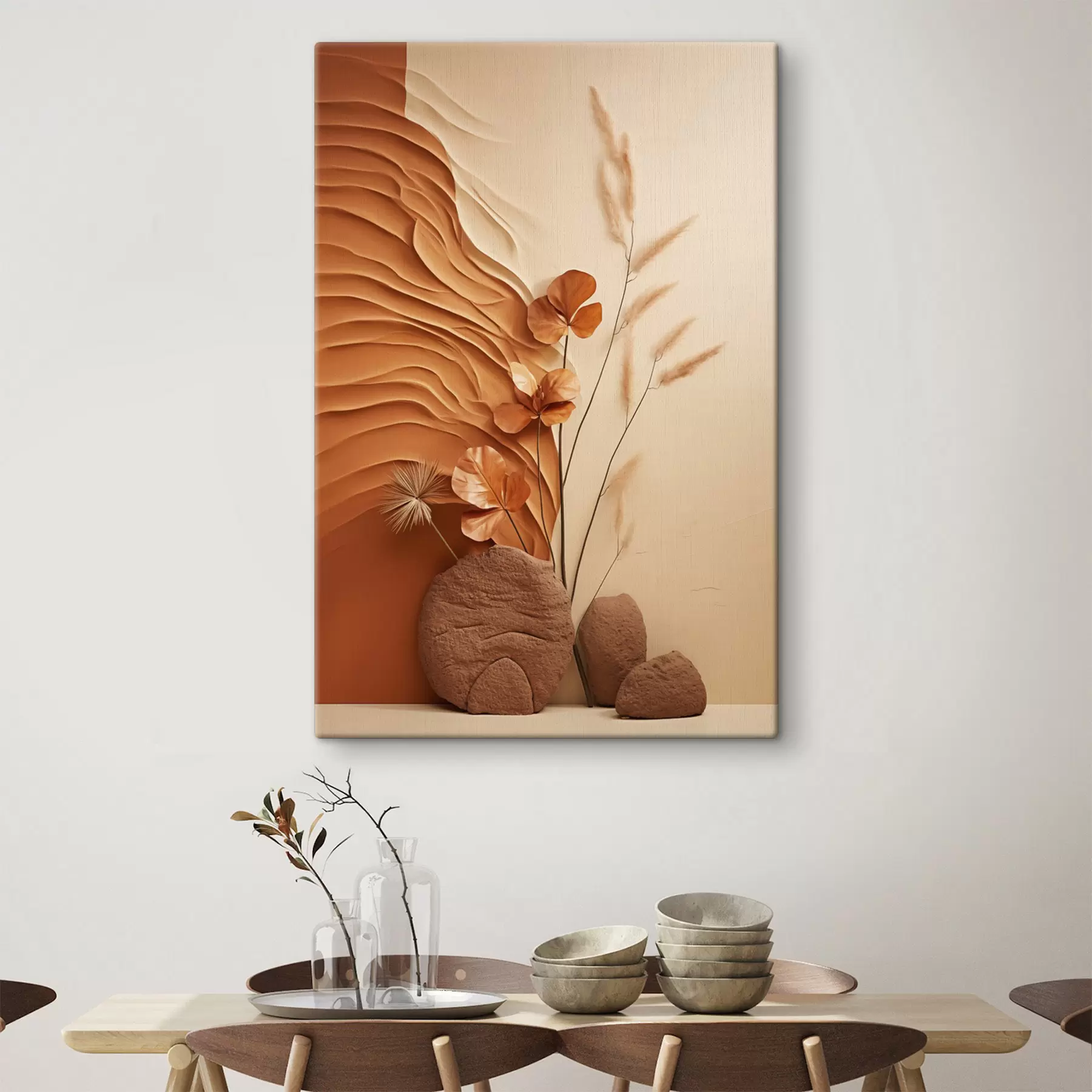 Paveikslėlis Minimalistinis meno kūrinys su džiovintomis gėlėmis ir pampų žole, tekstūruotu fonu s48739