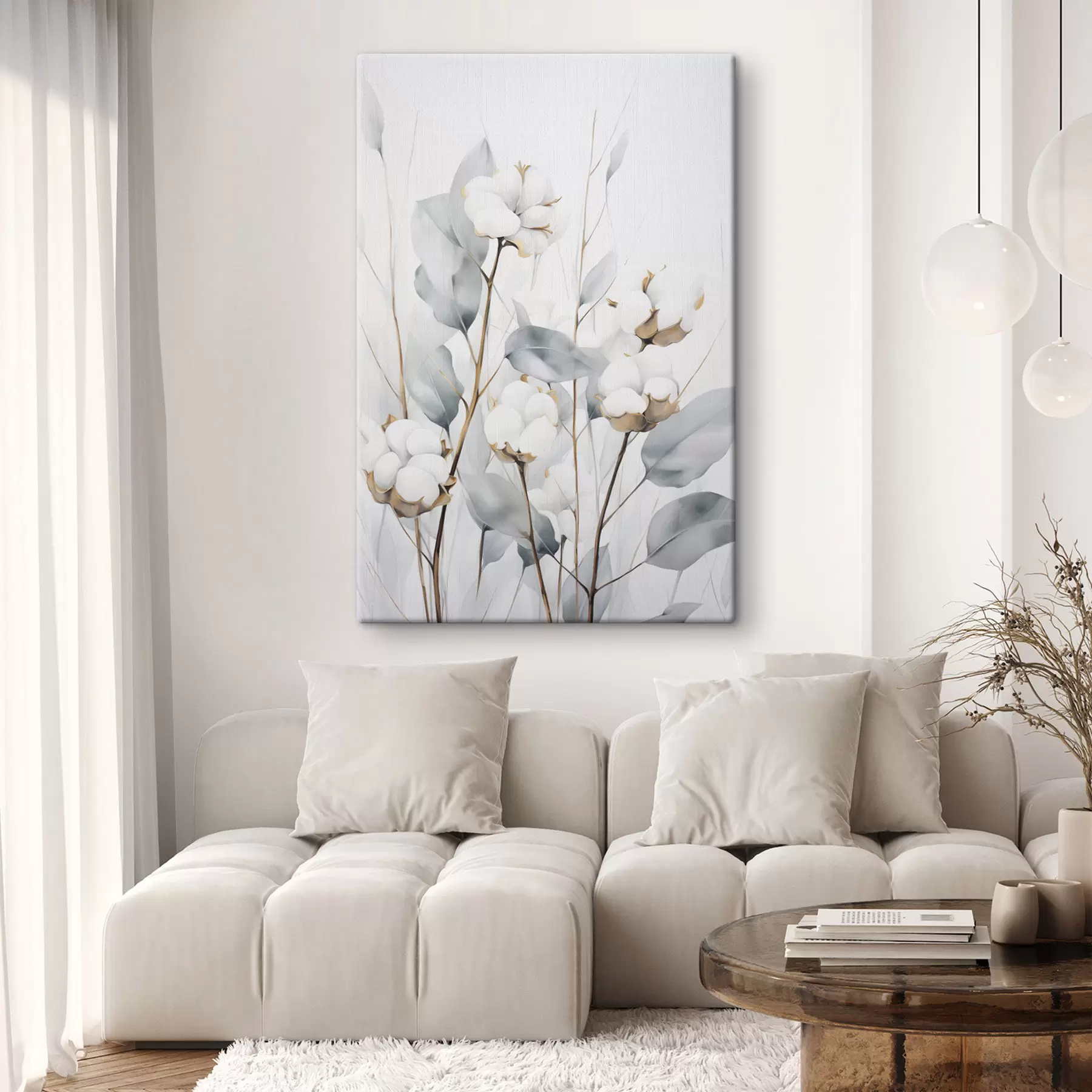 Paveikslėlis Balta medvilnės augalas su šviesiai mėlynai žaliais lapais prieš šviesų foną s48743