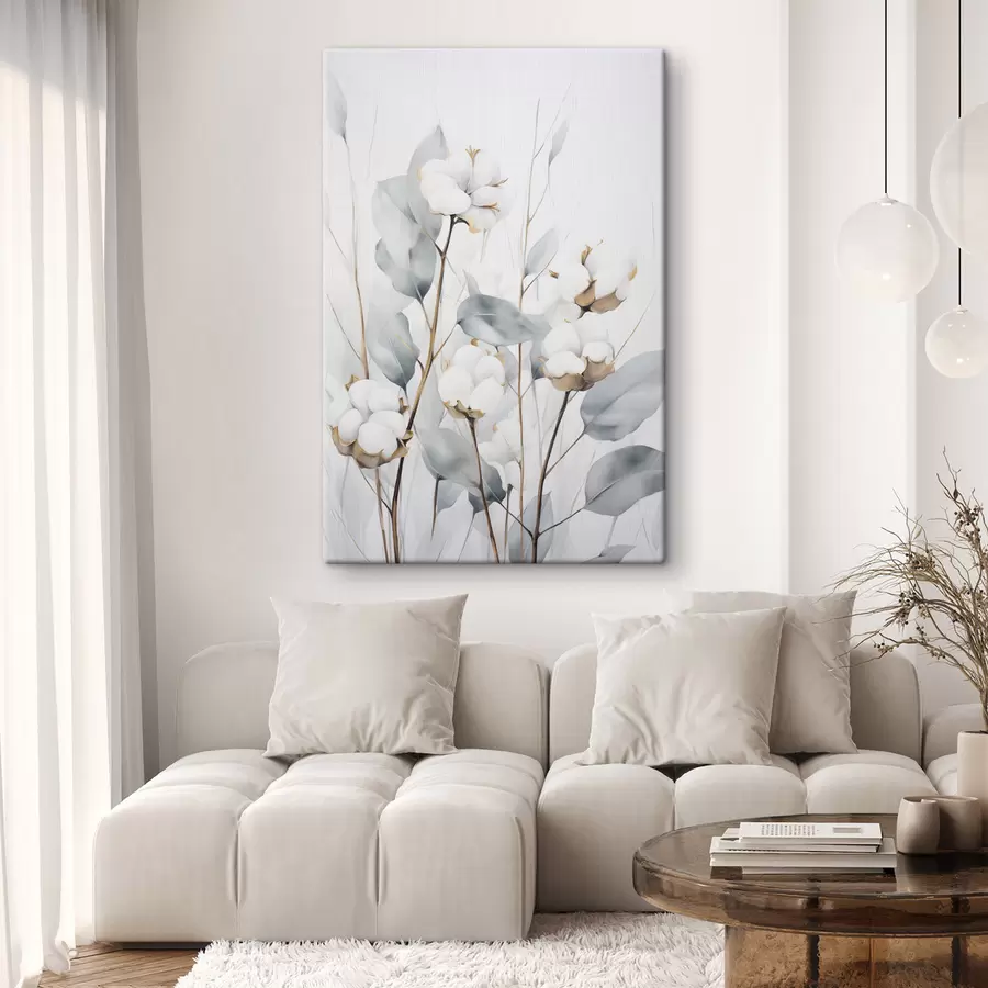 Paveikslėlis Balta medvilnės augalas su šviesiai mėlynai žaliais lapais prieš šviesų foną s48743