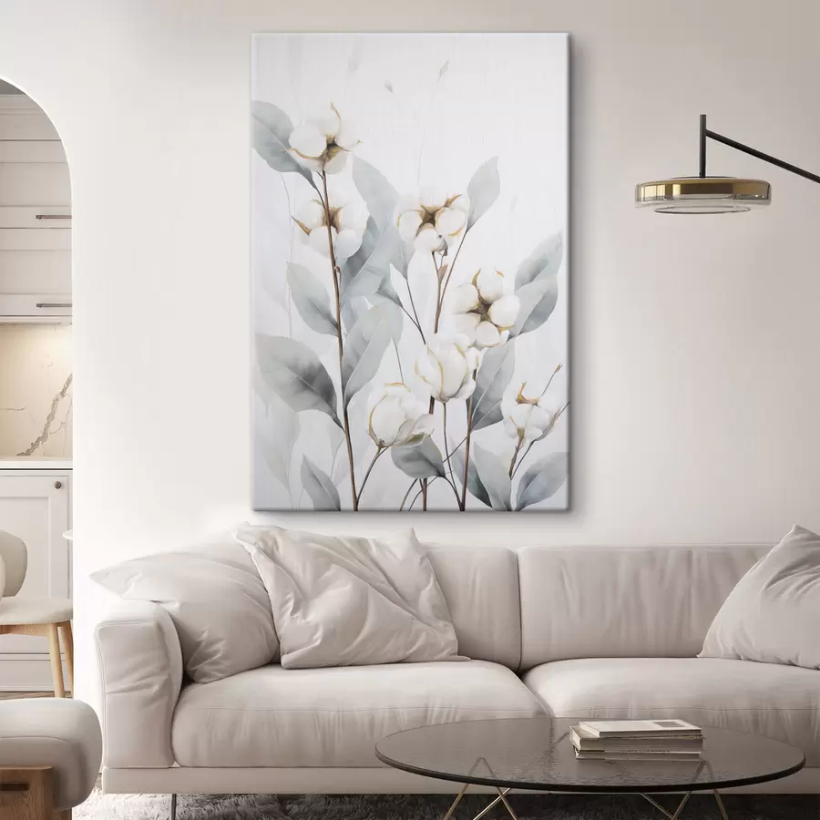 Paveikslėlis Balta medvilnės augalas su šviesiai mėlynai žaliais lapais prieš šviesų foną s48744