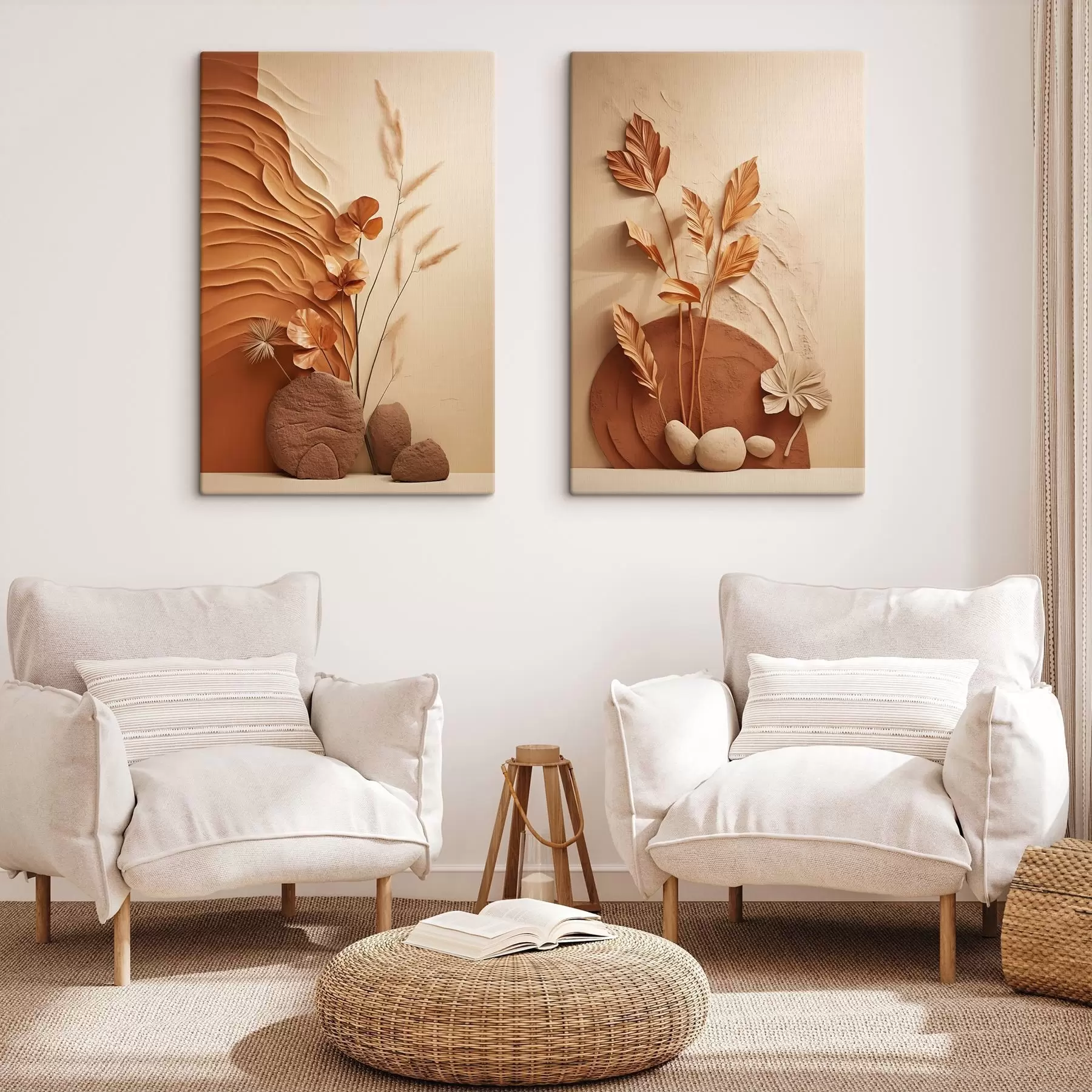 Paveikslėlis Minimalistinis meno kūrinys su džiovintomis gėlėmis ir pampų žole, tekstūruotu fonu m30320