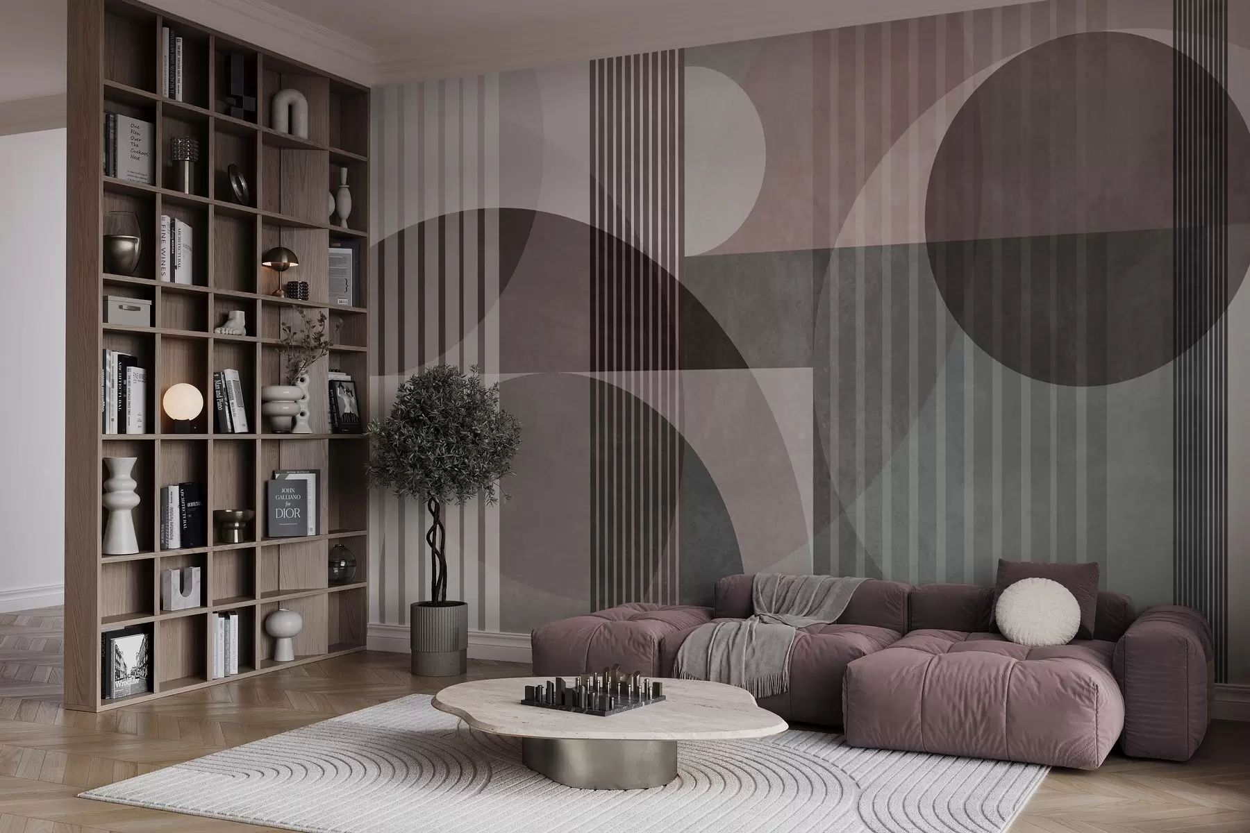 Fototapetai Abstrakčios geometrinės figūros su apskritimais ir linijomis, prislopinti atspalviai, tekstūruota, sluoksniuota kompozicija w09834v1