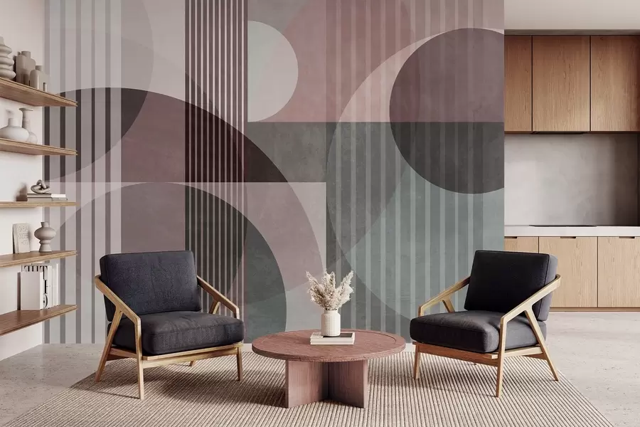 Fototapetai Abstrakčios geometrinės figūros su apskritimais ir linijomis, prislopinti atspalviai, tekstūruota, sluoksniuota kompozicija w09834v1