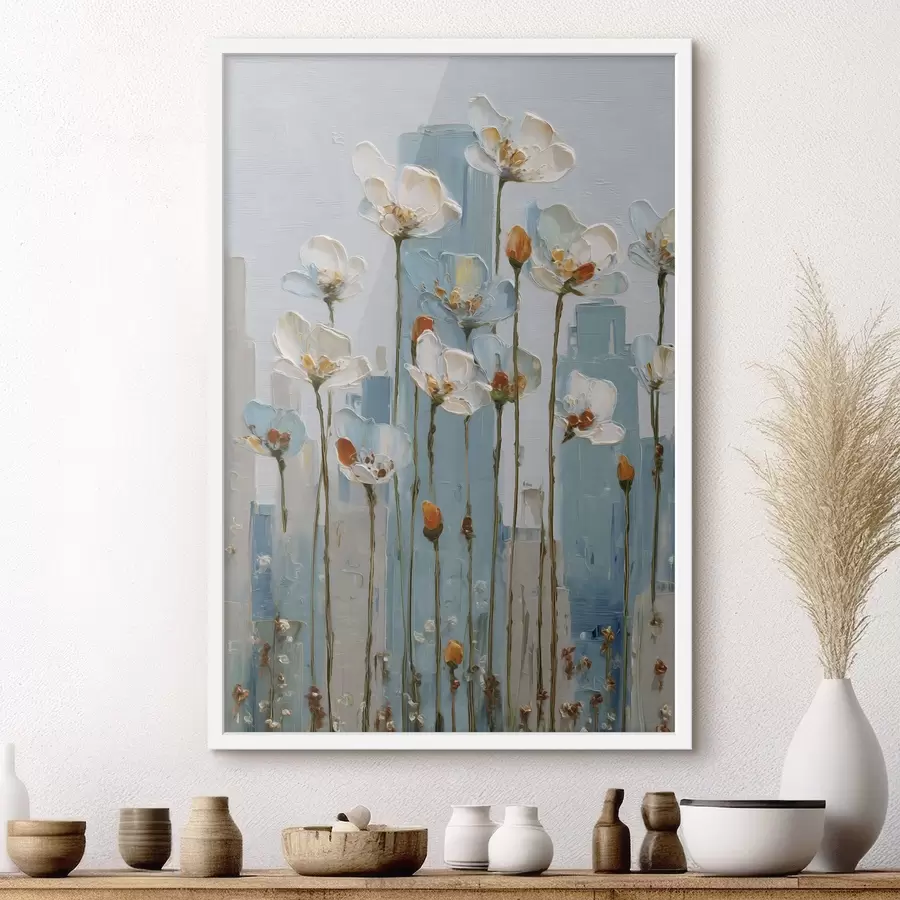 Fototapetai gėlės miesto fone, aliejinės tapybos stiliumi f48785