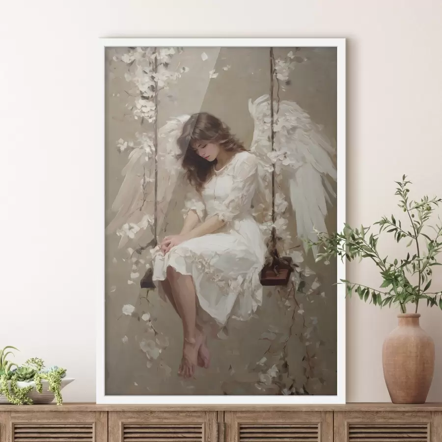 Fototapetai ant sūpynių sėdinti mergaitė, nutapyta aliejaus technika f48789