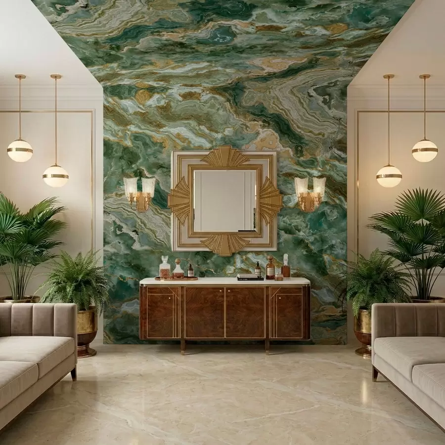 Fototapetai Žalios onikso tekstūros su banguotomis sluoksniuotomis gyslomis w05429