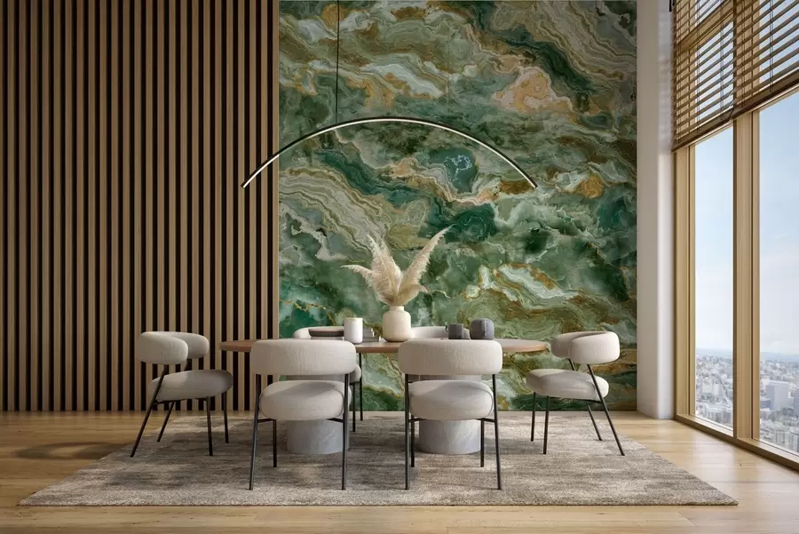 Fototapetai Žalios onikso tekstūros su banguotomis sluoksniuotomis gyslomis w05429